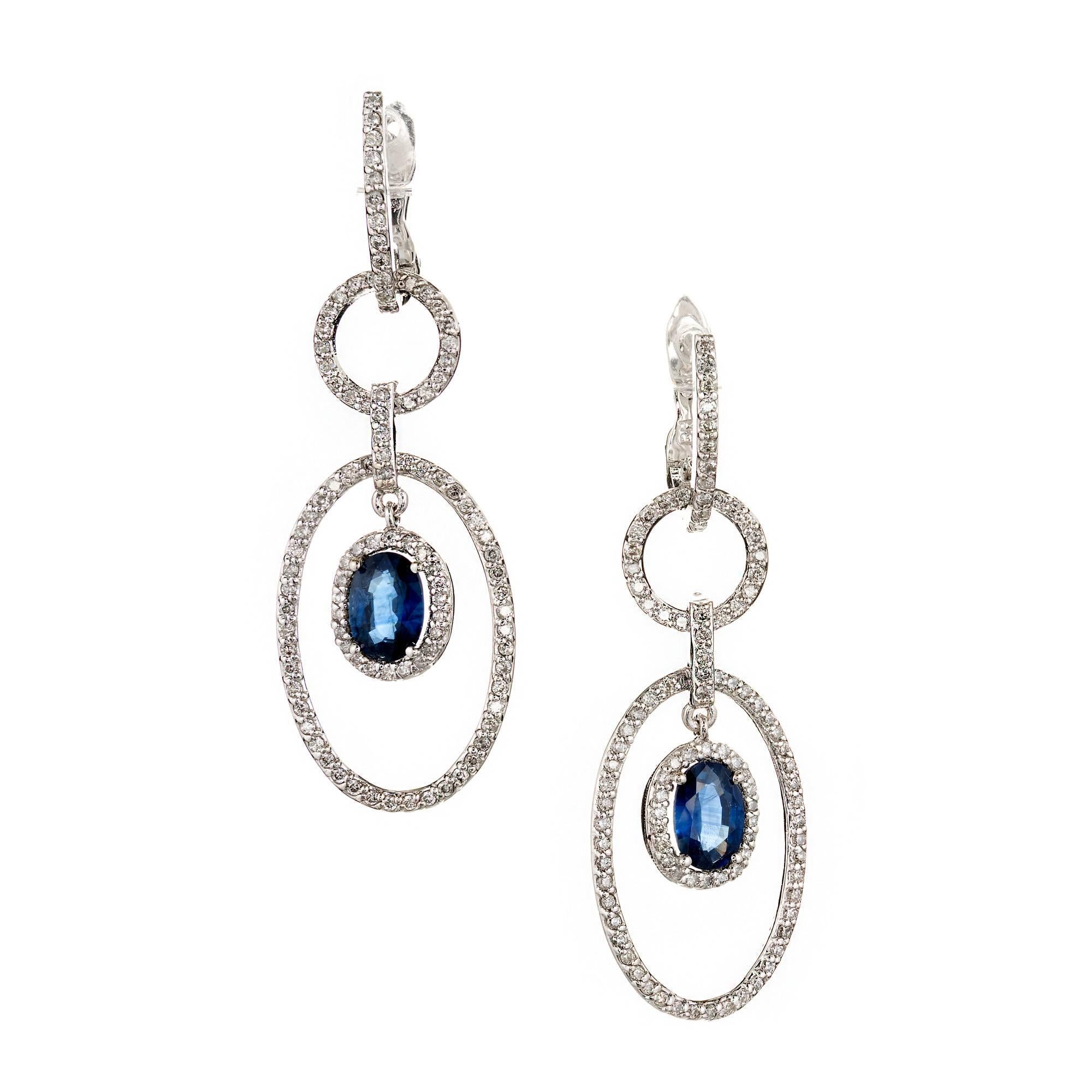 Oval Sapphire Diamond Gold Dangle Chandelier Earrings
