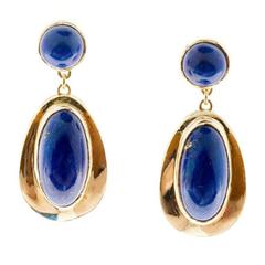 Oval Round Blue Lapis Yellow Gold Dangle Earrings