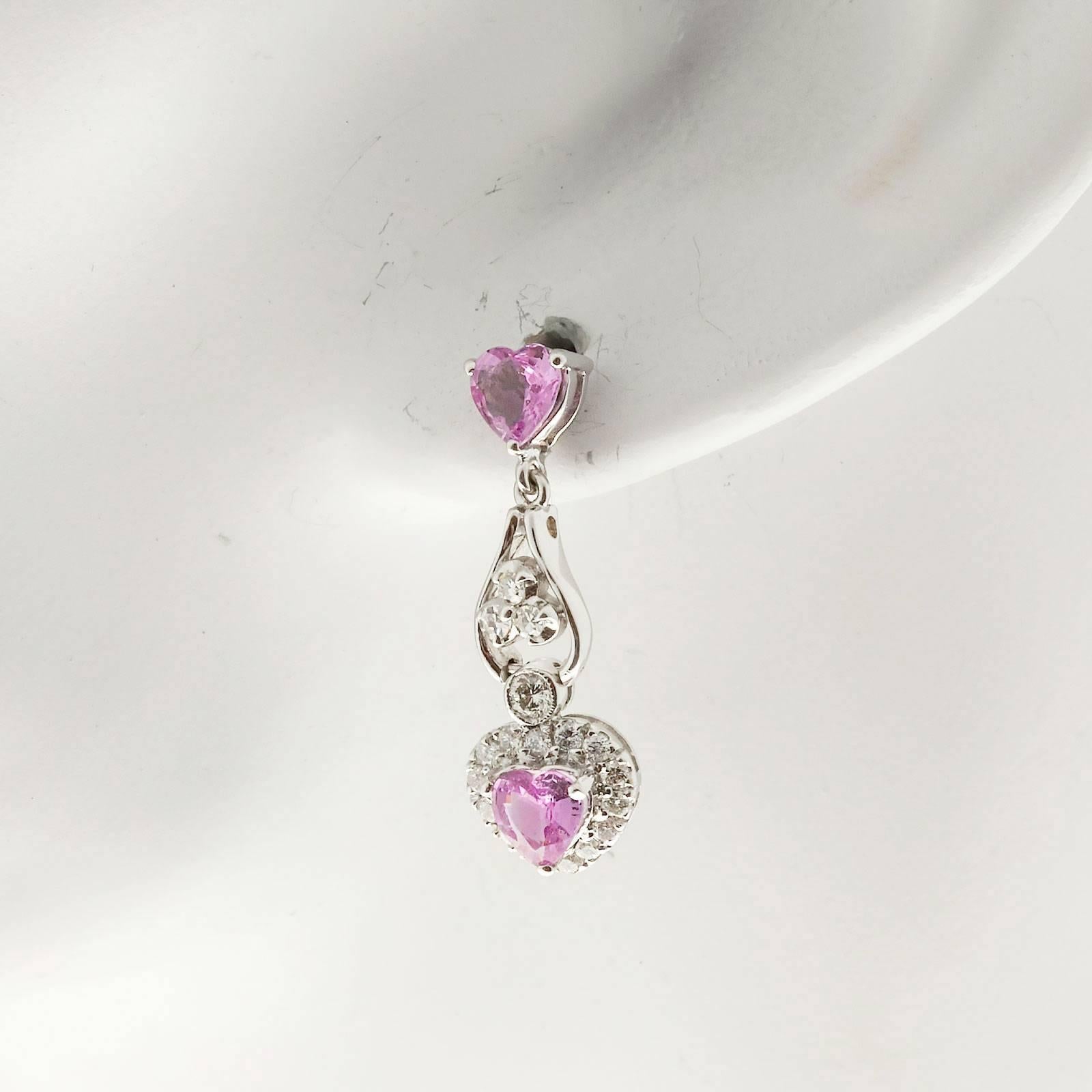 Women's Pink Sapphire Diamond Heart Gold Dangle Earrings