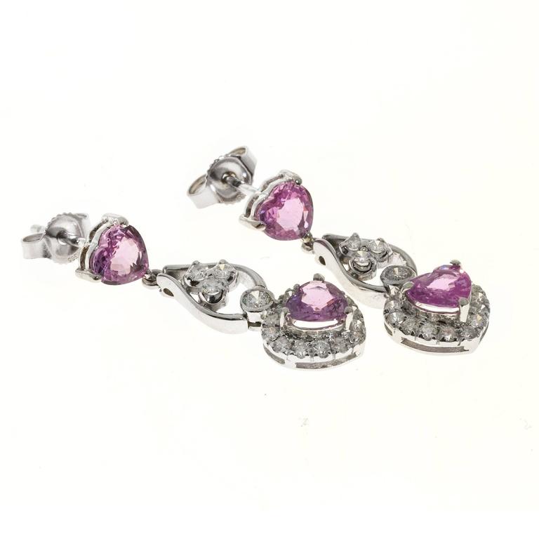 Pink Sapphire Diamond Heart Gold Dangle Earrings at 1stDibs