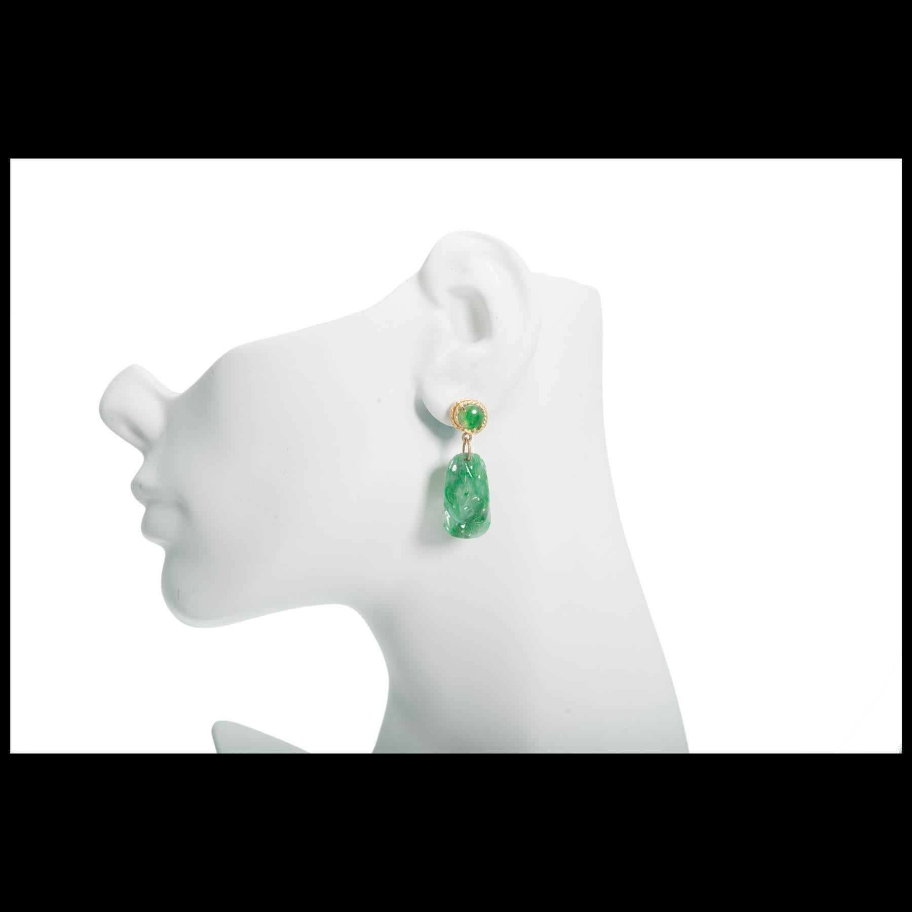 Women's Jadeite Jade Mottled Green Gold Dangle Earrings