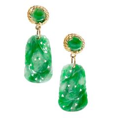 Vintage Jadeite Jade Mottled Green Gold Dangle Earrings