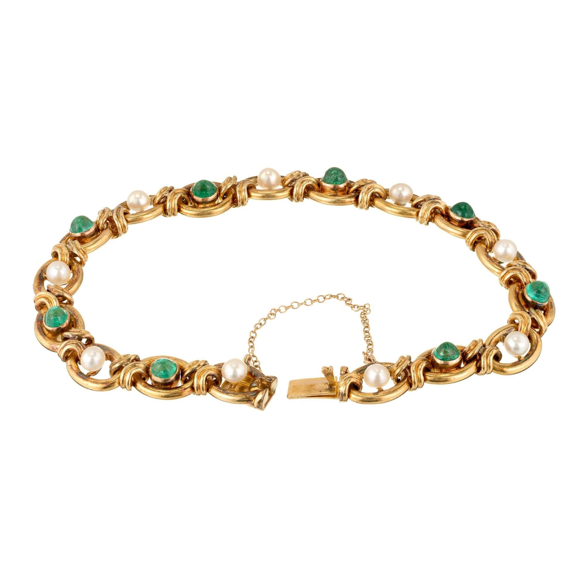 Women's Natural Pearl Emerald Genuine Dome Gold Link Bracelet For Sale