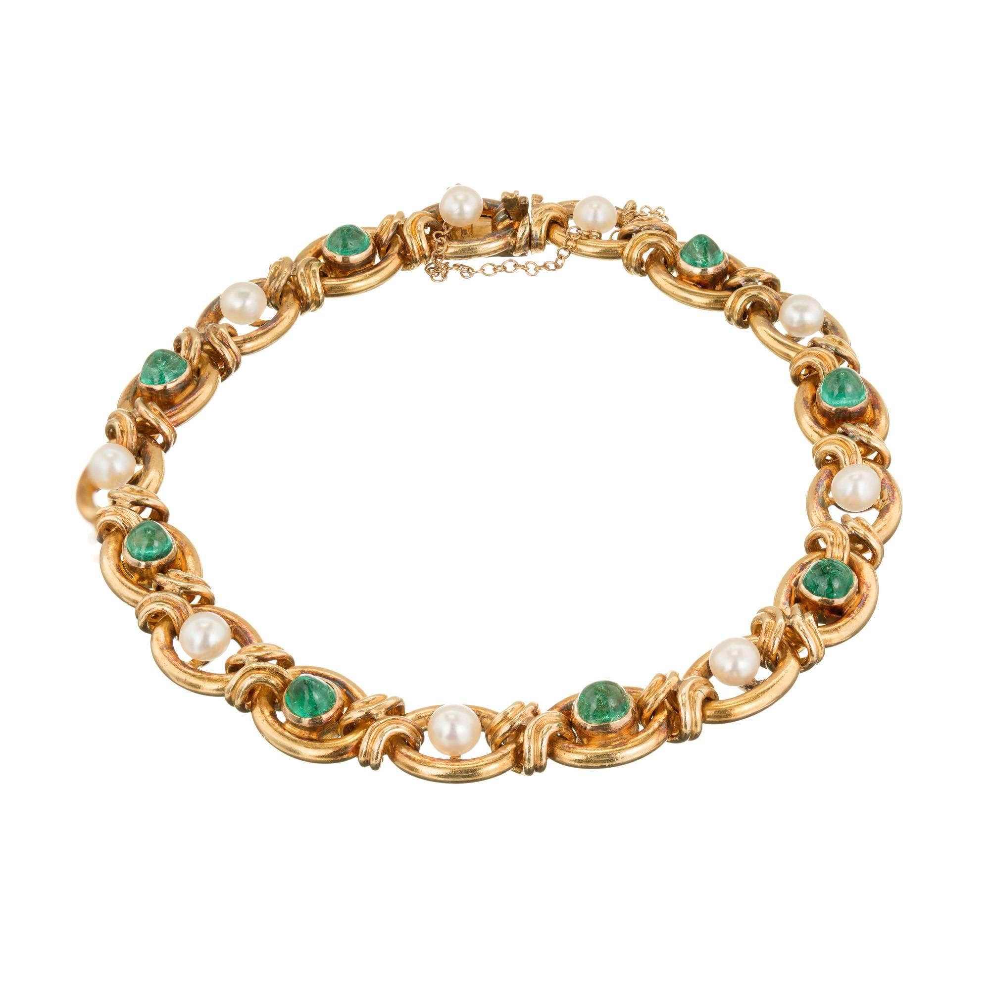 Natural Pearl Emerald Genuine Dome Gold Link Bracelet For Sale