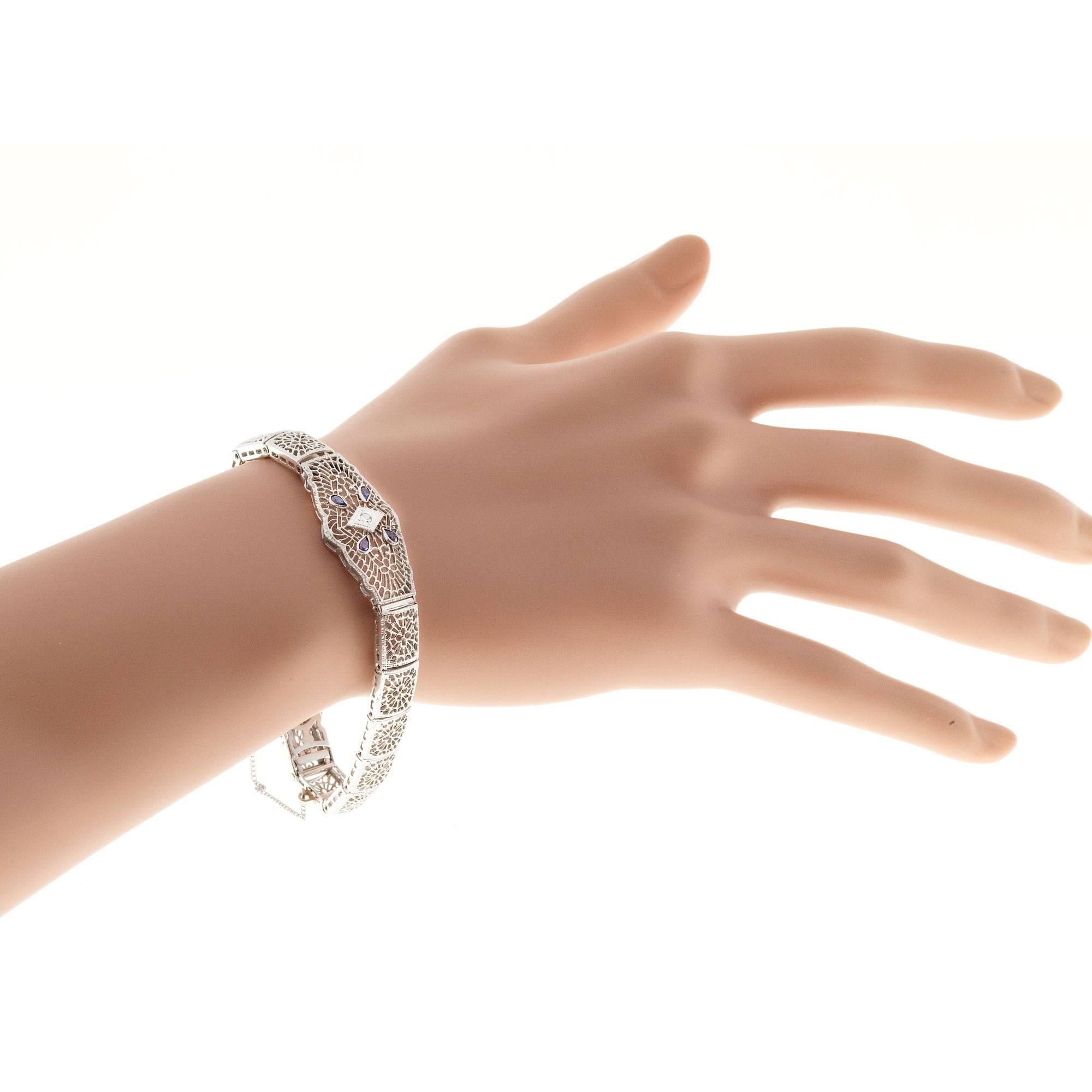 Vintage Filigran 14k Weißgold .18ct Saphir .03ct Diamant-Armband im Zustand „Gut“ im Angebot in Stamford, CT