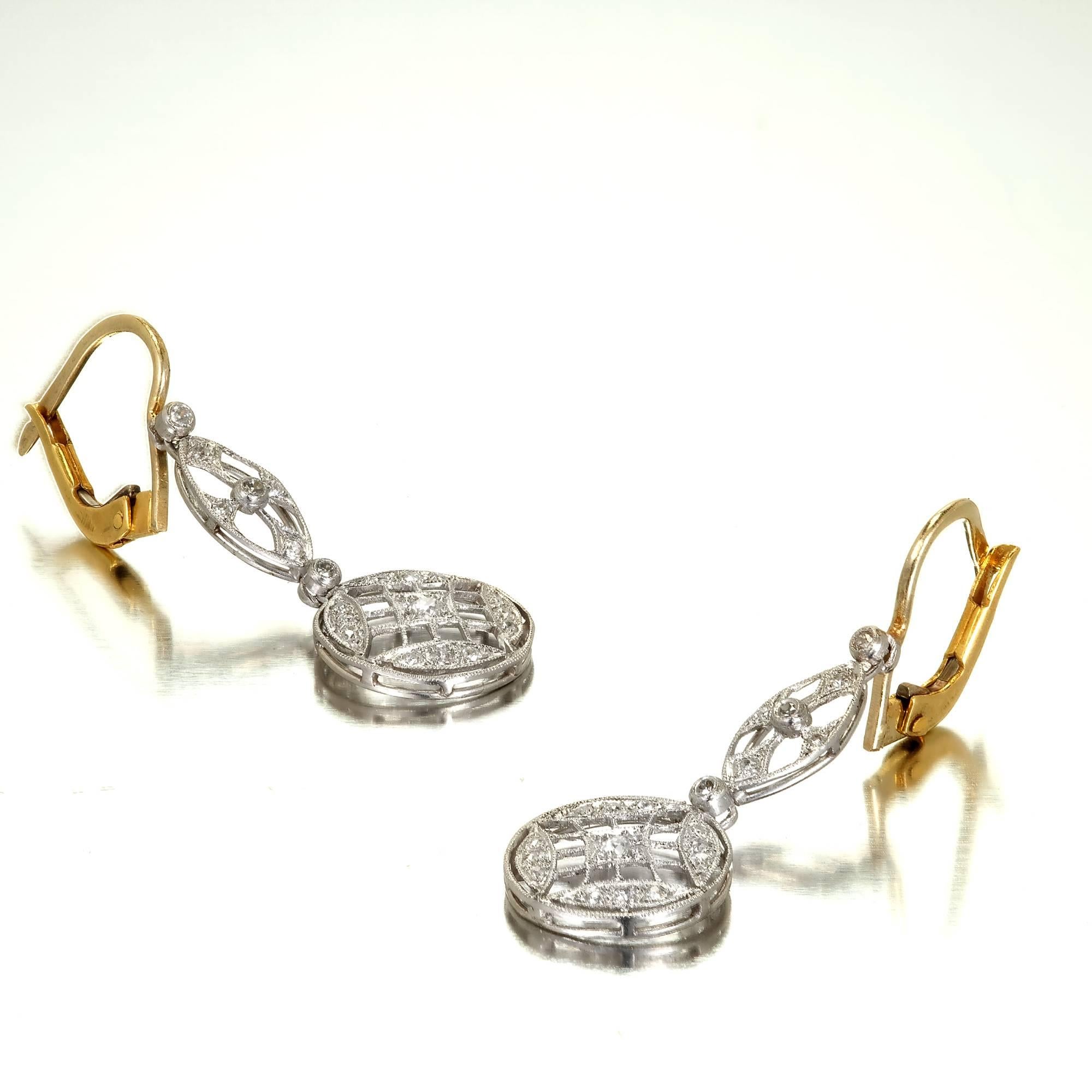 .50 Carat Art Deco Diamond Platinum Gold Dangle Earrings In Good Condition In Stamford, CT