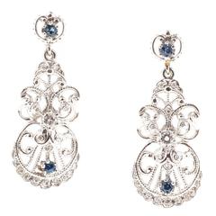 Ceylon Sapphire Round Diamond Platinum Dangle Earrings 1