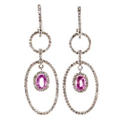 Diamond Oval Pink Sapphire Gold Dangle Earrings 2