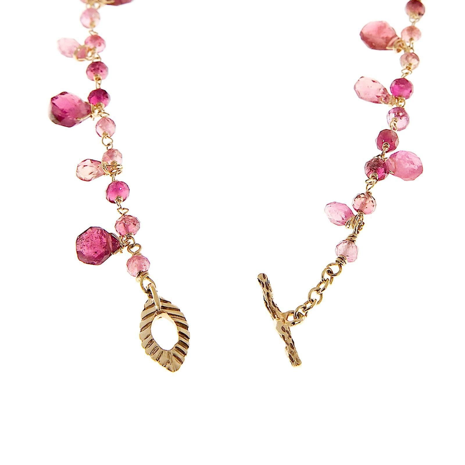 25.00 Carat Pink Tourmaline Briolettes Gold Wire Toggle Necklace 1