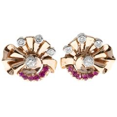 Retro Deco Pink Sapphire Diamond Rose Gold Clip Post Earrings 12