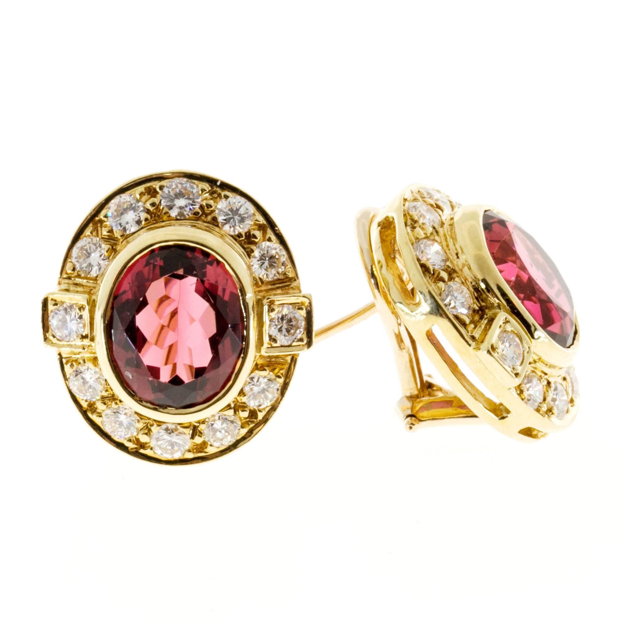 Oval Pink Tourmaline Diamond Gold Earrings In Good Condition In Stamford, CT