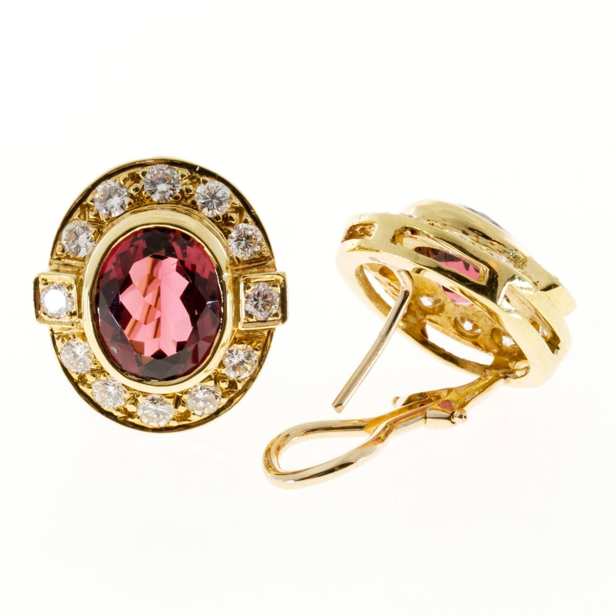 Women's Oval Pink Tourmaline Diamond Gold Earrings