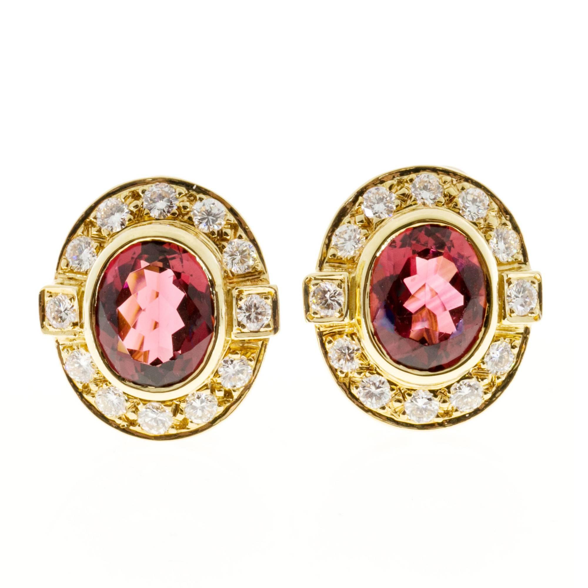 Oval Pink Tourmaline Diamond Gold Earrings