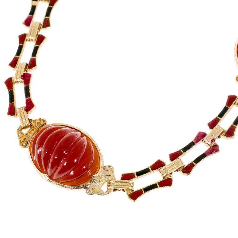 BH Carnelian Gold Red Black Enamel Necklace at 1stDibs