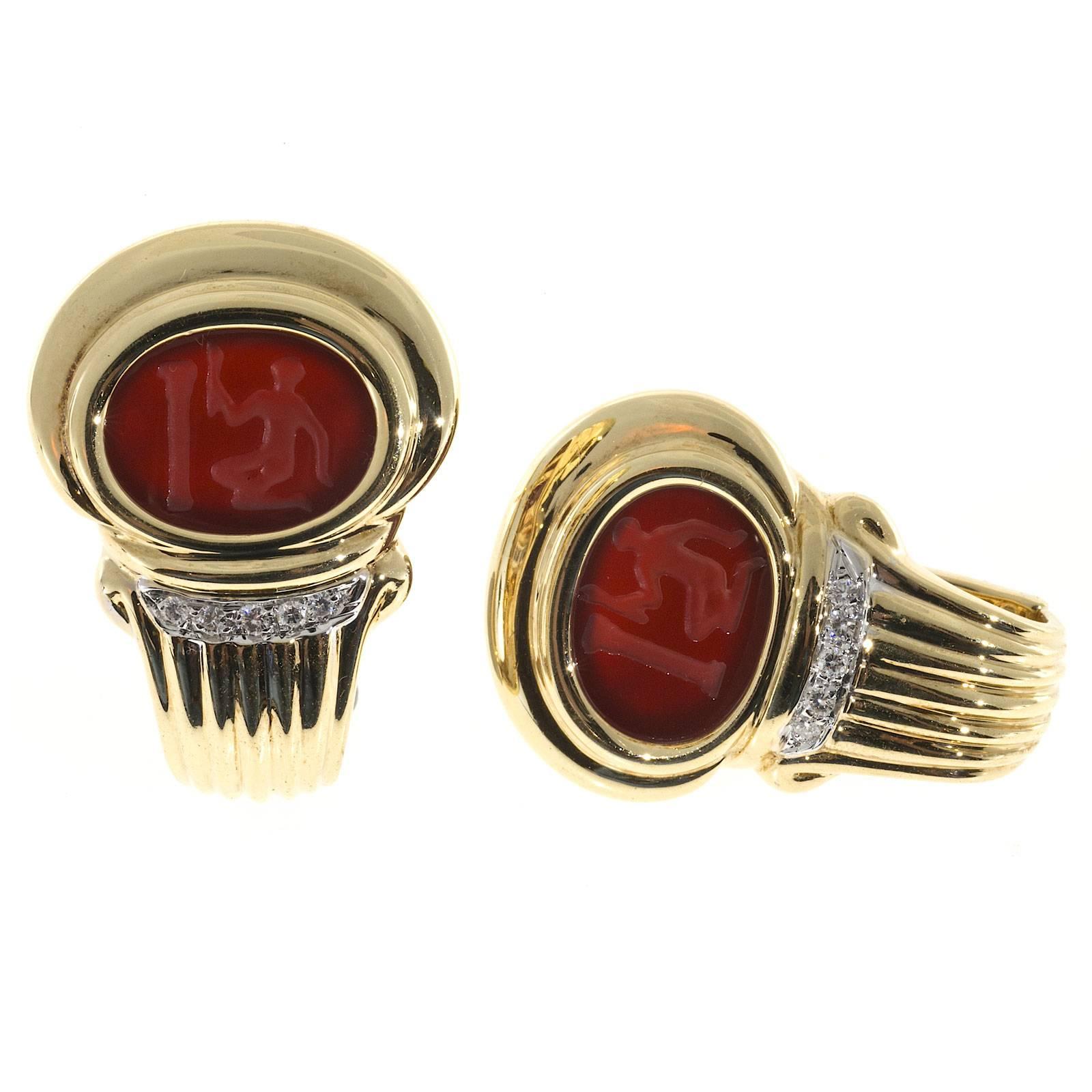 Italian Carved Carnelian Diamond Gold Clip Post Earrings In Good Condition In Stamford, CT