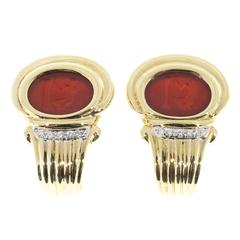 Italian Carved Carnelian Diamond Gold Clip Post Earrings 11