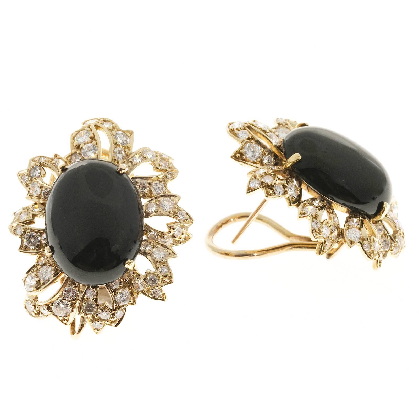 Cabochon Onyx Diamond Handmade Gold Earrings. 1930 to 1939 clip post earrings with 120 bright sparkly bead set diamond. The center of each is set with a cabochon genuine black onyx with a high polish.

120 mele diamonds approx. total weight
