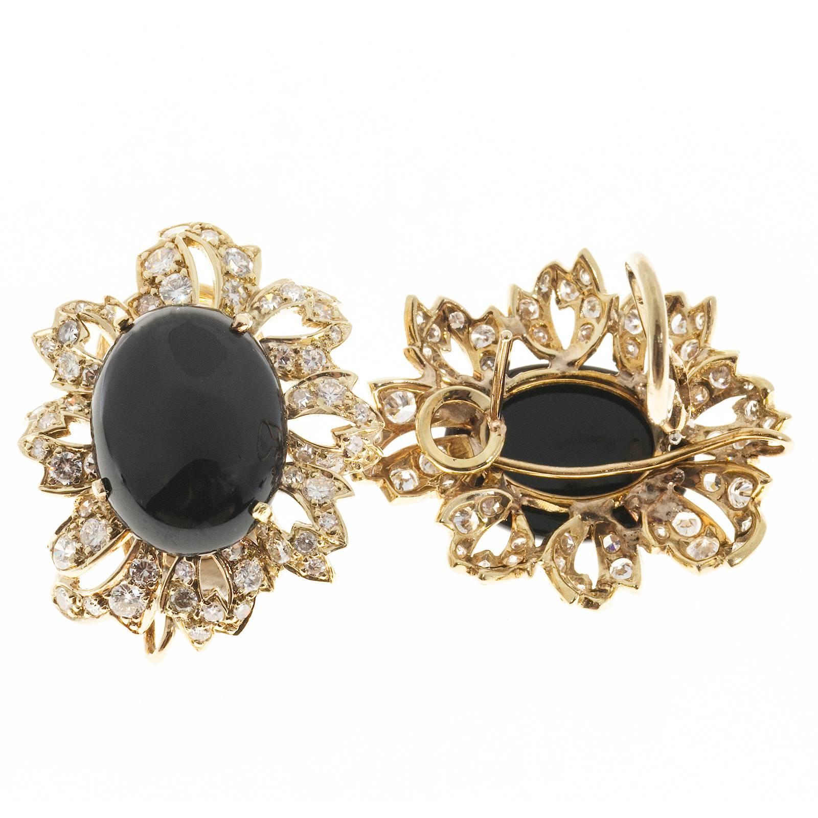 Cabochon Onyx Diamond Handmade Gold Earrings In Good Condition In Stamford, CT
