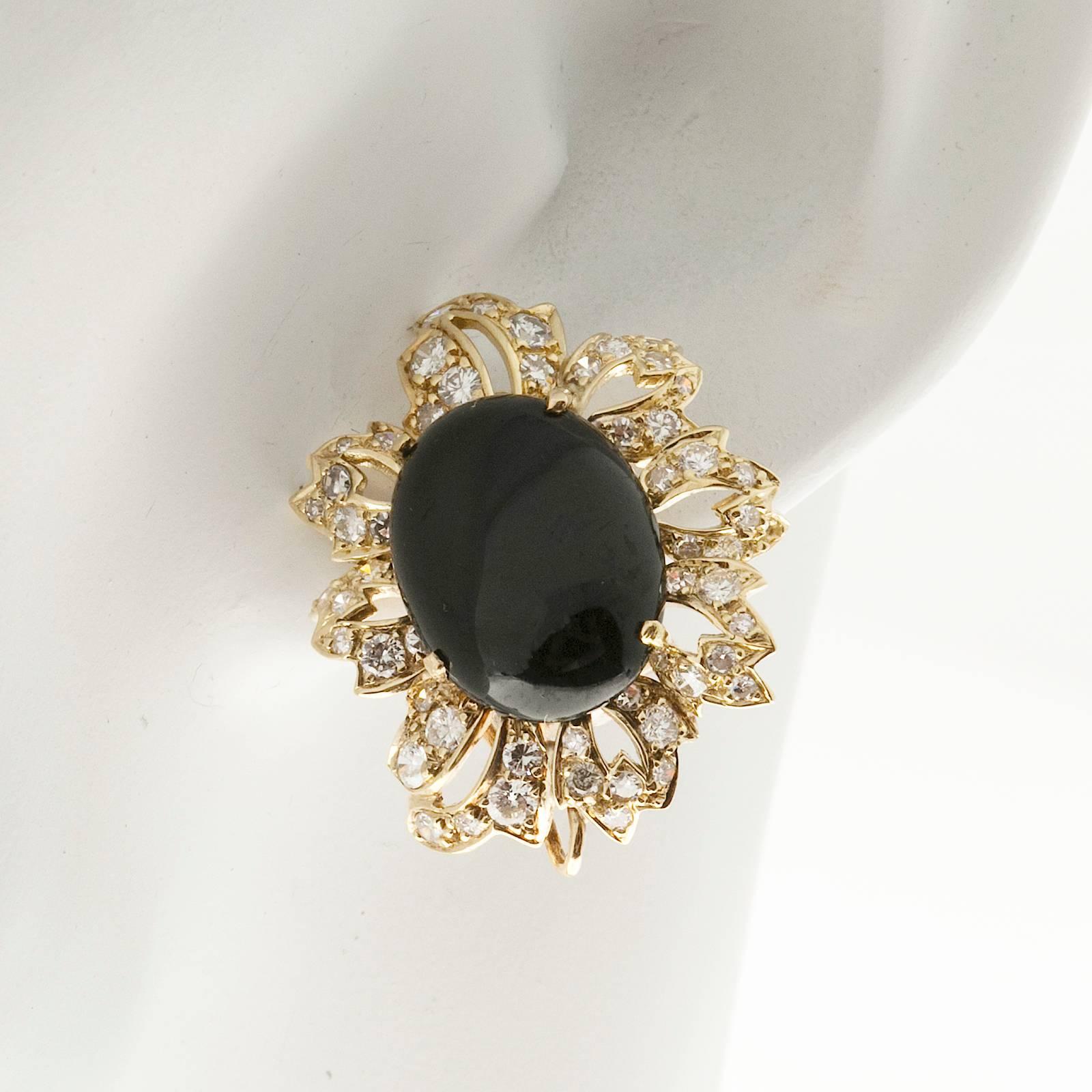 Women's Cabochon Onyx Diamond Handmade Gold Earrings