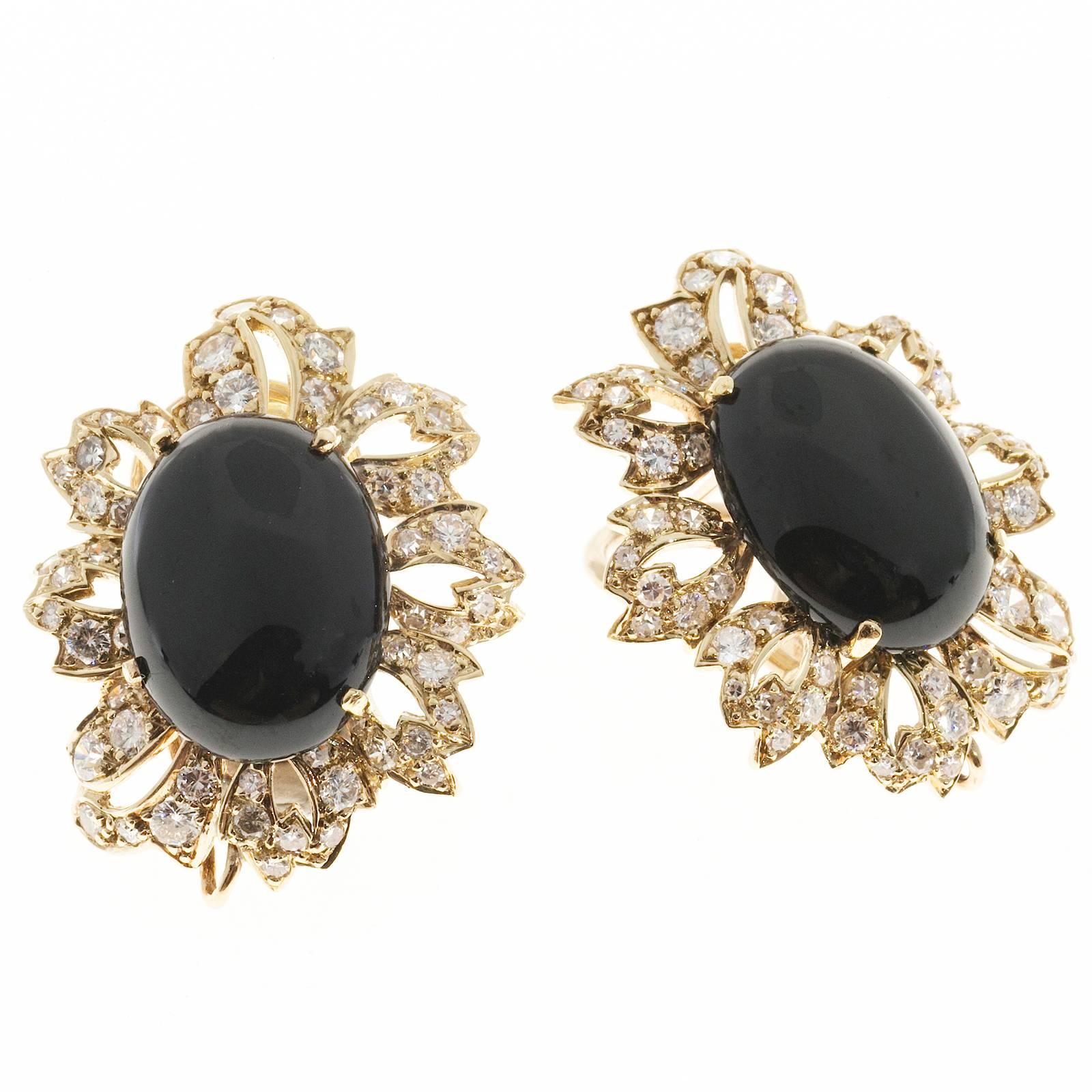 Cabochon Onyx Diamond Handmade Gold Earrings 1