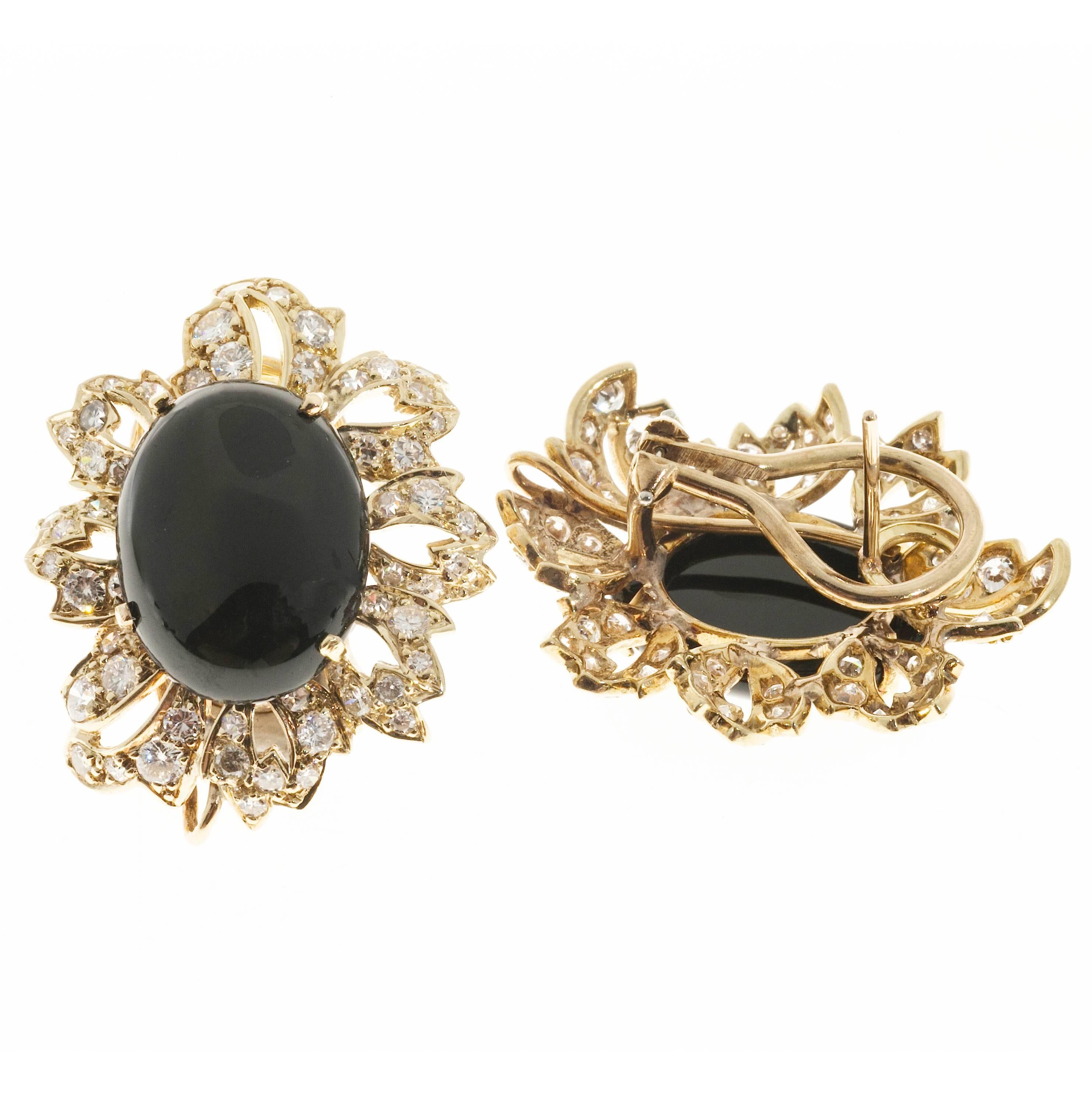 Cabochon Onyx Diamond Handmade Gold Earrings 2