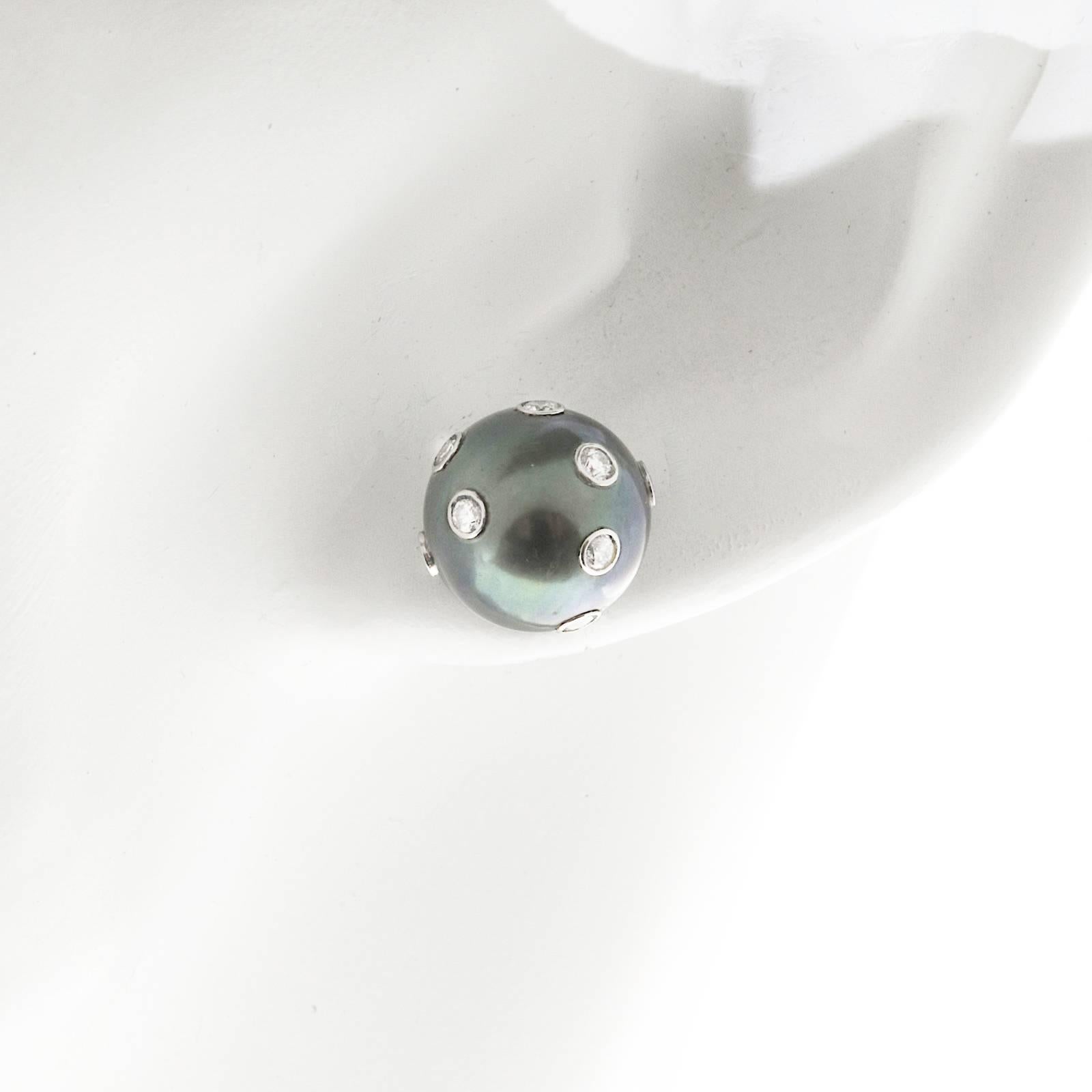 Black Sea Pearl Tube Set Diamond Platinum Earrings 2