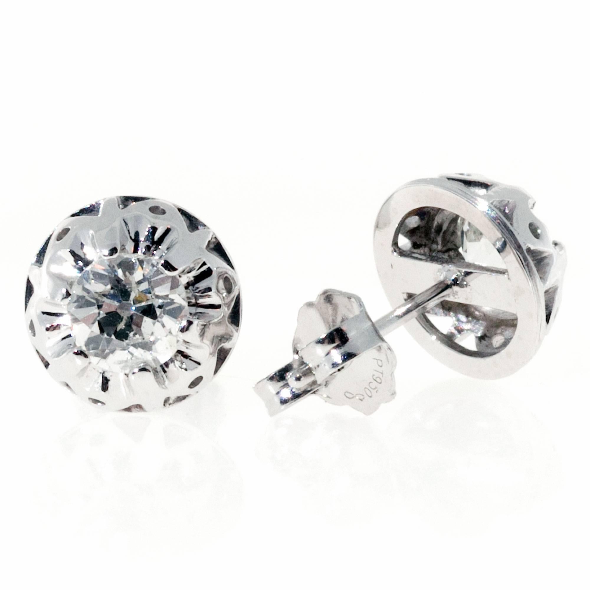 Diamond Platinum Domed Stud Earrings In Good Condition In Stamford, CT
