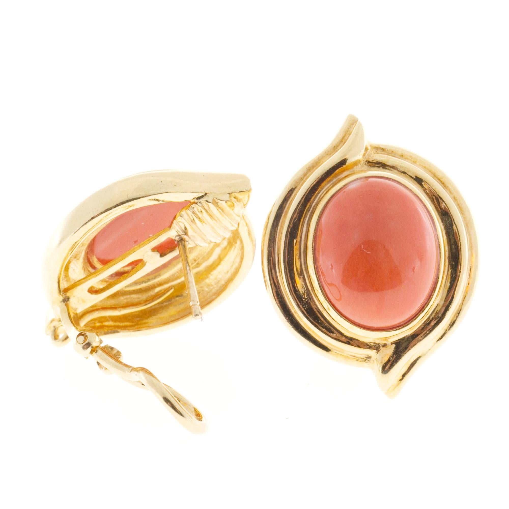 Women's Red Orange Oval Coral Gold Earrings