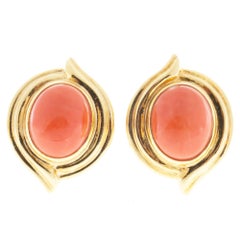 Red Orange Oval Coral Gold Earrings