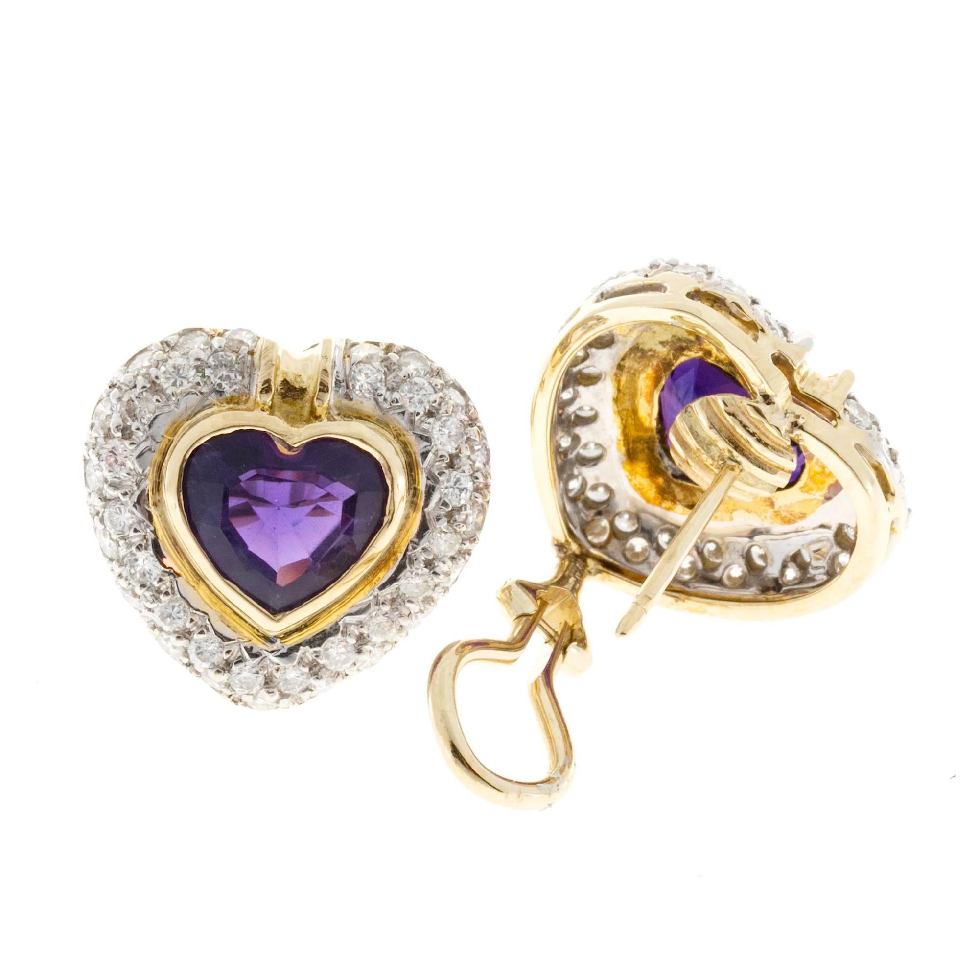 Women's Heart Shaped Amethyst Diamond Gold Clip Post Earrings