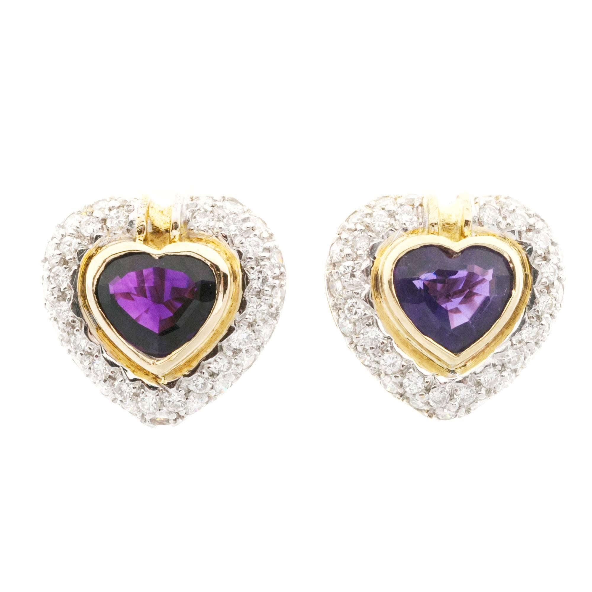 Heart Shaped Amethyst Diamond Gold Clip Post Earrings