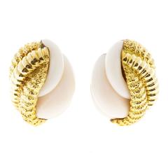 Carved Angel Skin Coral Gold Clip Earrings 4