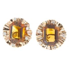 Vintage Madera Amber Citrine Diamond Gold Earrings