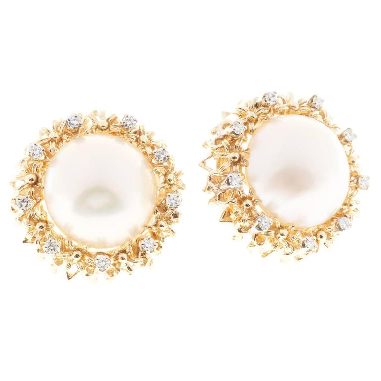Mabe Pearl Diamond Gold Clip Post Earrings For Sale at 1stdibs