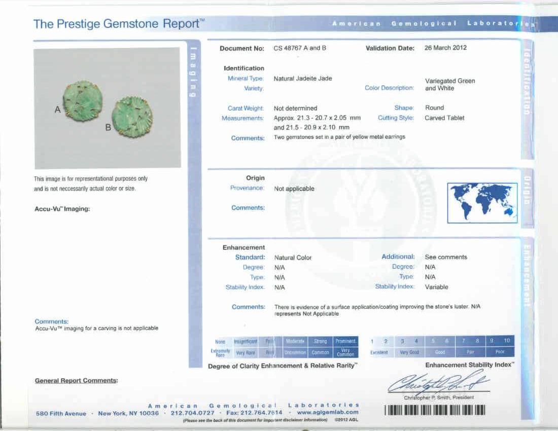 Round Cut Natural Jadeite Jade Carved Round Tablet Gold Earrings For Sale