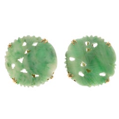 Retro Natural Jadeite Jade Carved Round Tablets Gold Earrings