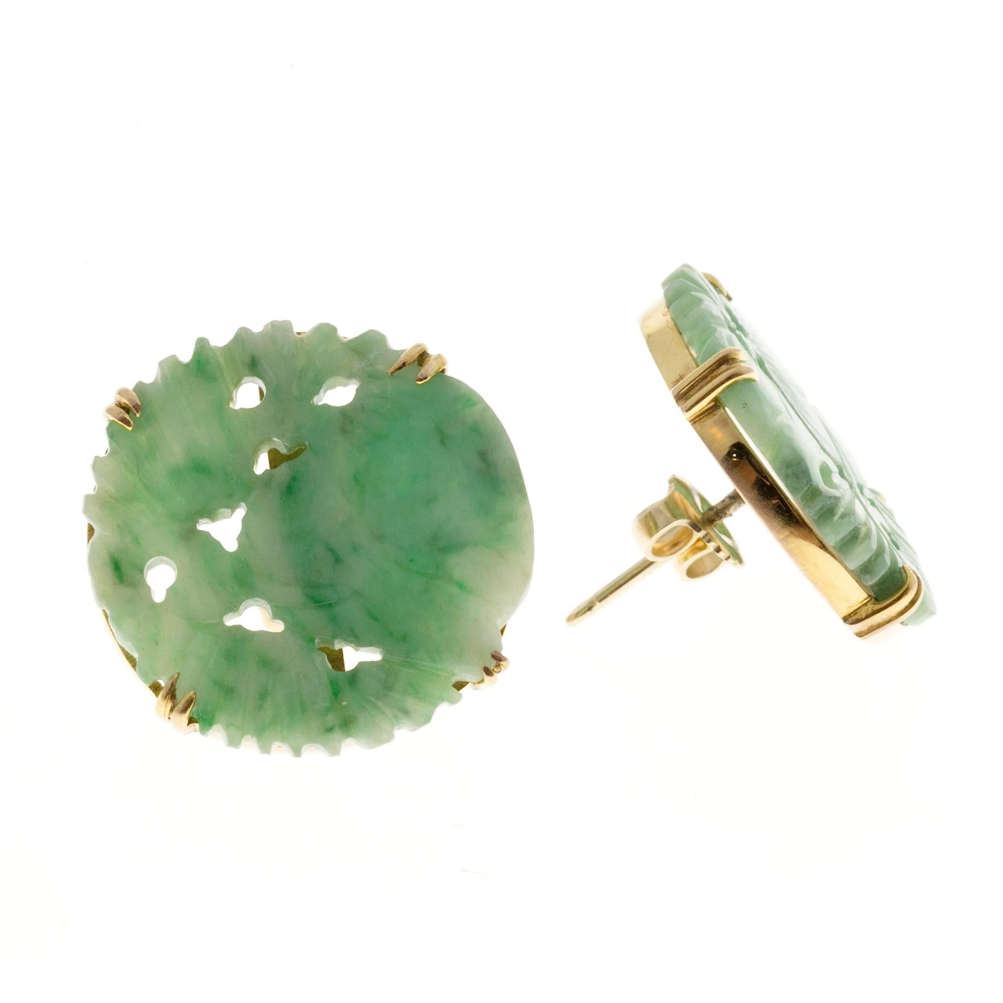 Round Cut Natural Jadeite Jade Carved Round Tablets Gold Earrings For Sale