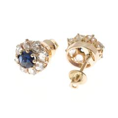 Sapphire Rose Cut Diamond Halo Gold Earrings
