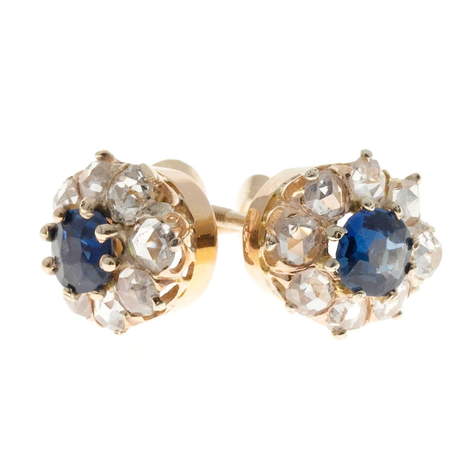 Victorian Sapphire Rose Cut Diamond Halo Gold Earrings