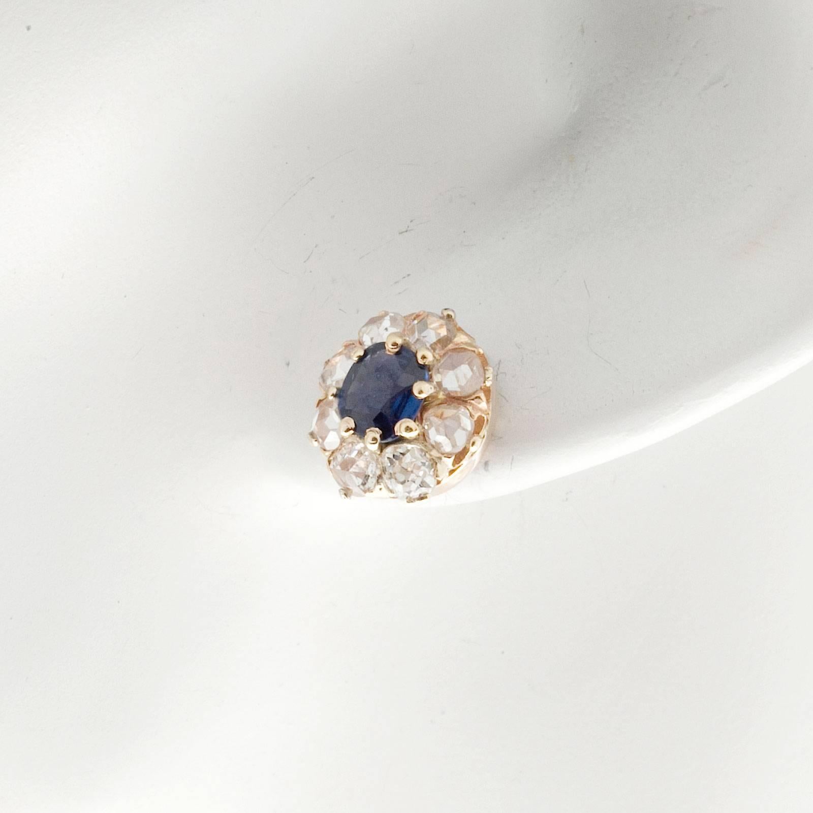 Sapphire Rose Cut Diamond Halo Gold Earrings In Good Condition In Stamford, CT