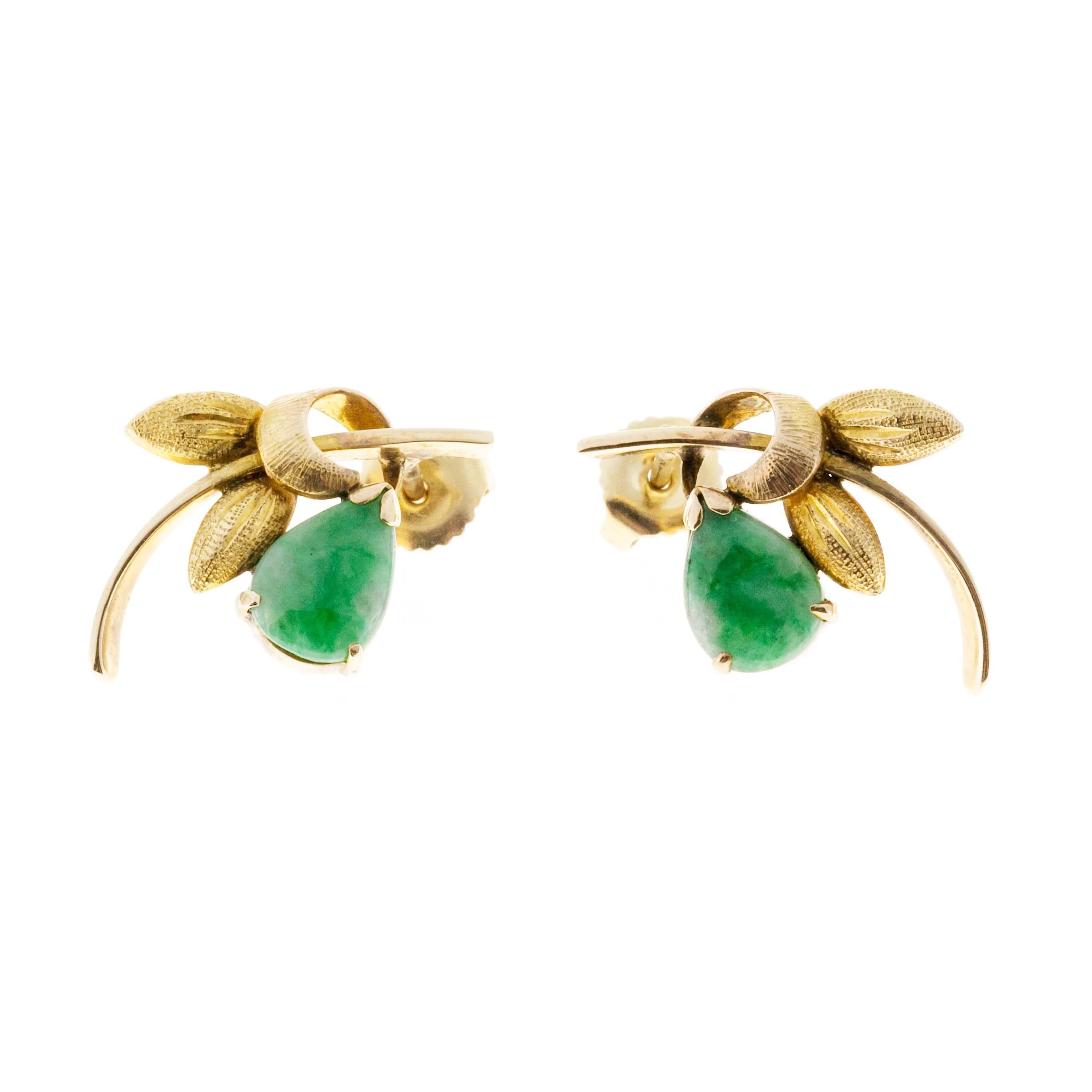 Pear Shaped Jadeite Jade Gold Flower Earrings 2