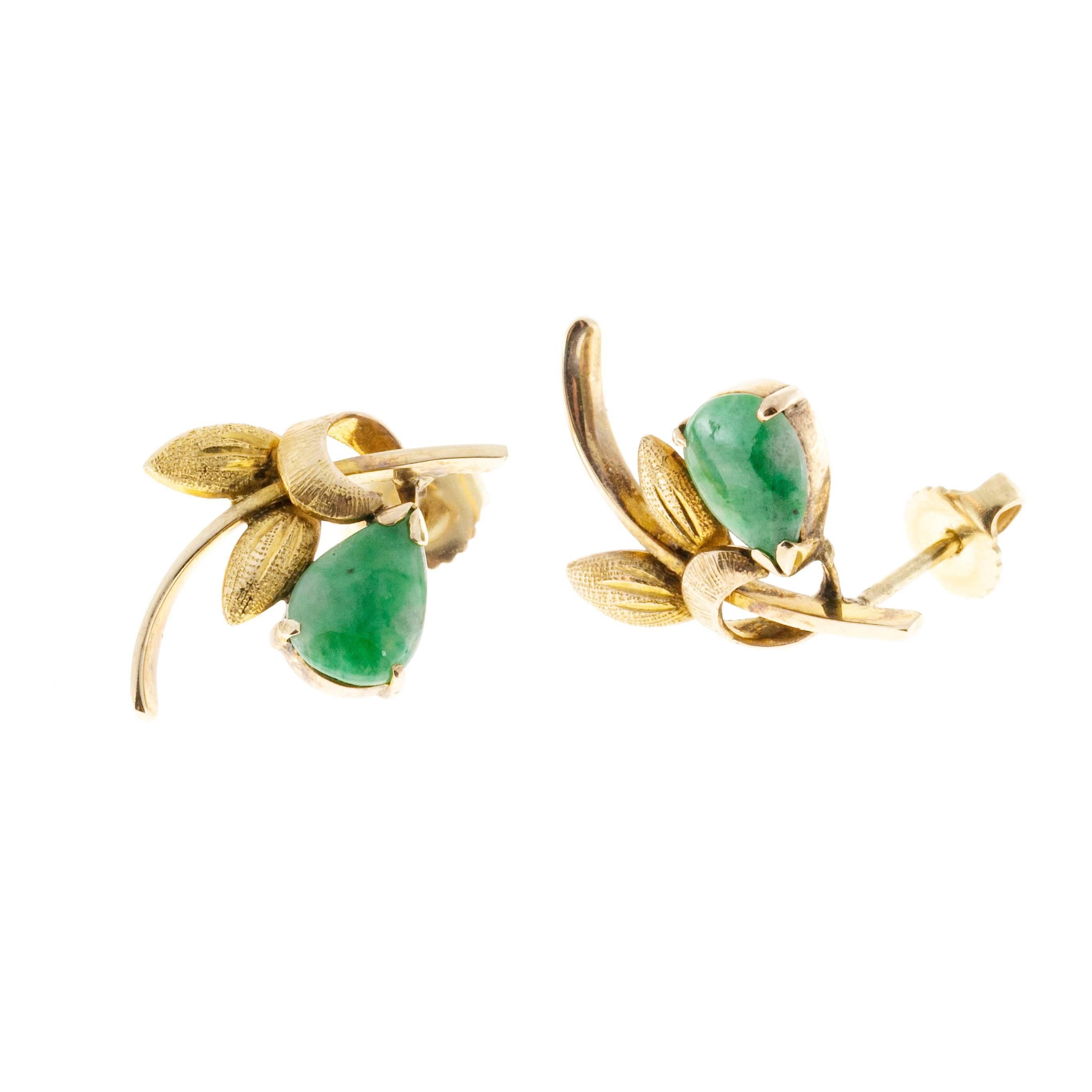 Pear Shaped Jadeite Jade Gold Flower Earrings 1
