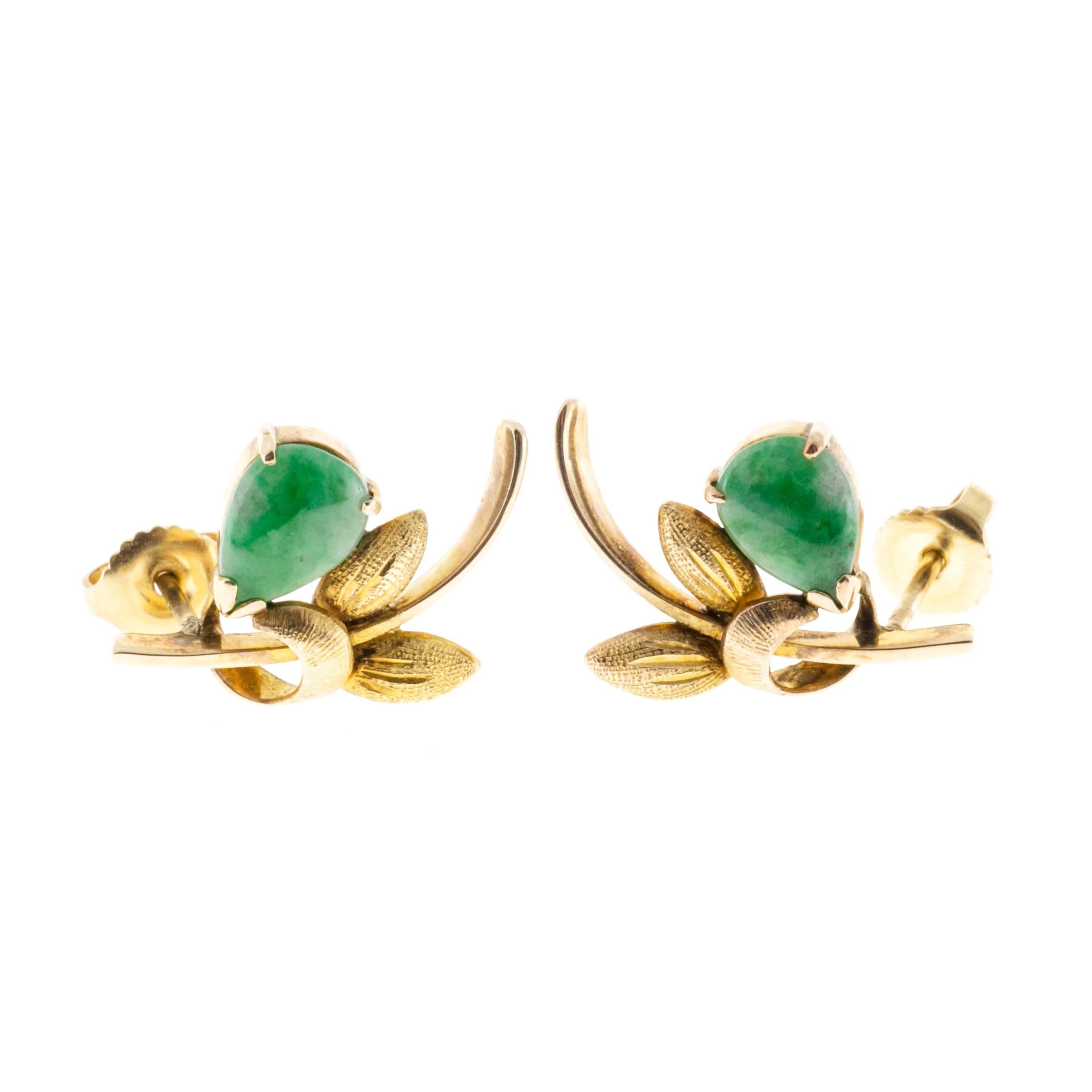 Pear Shaped Jadeite Jade Gold Flower Earrings 3