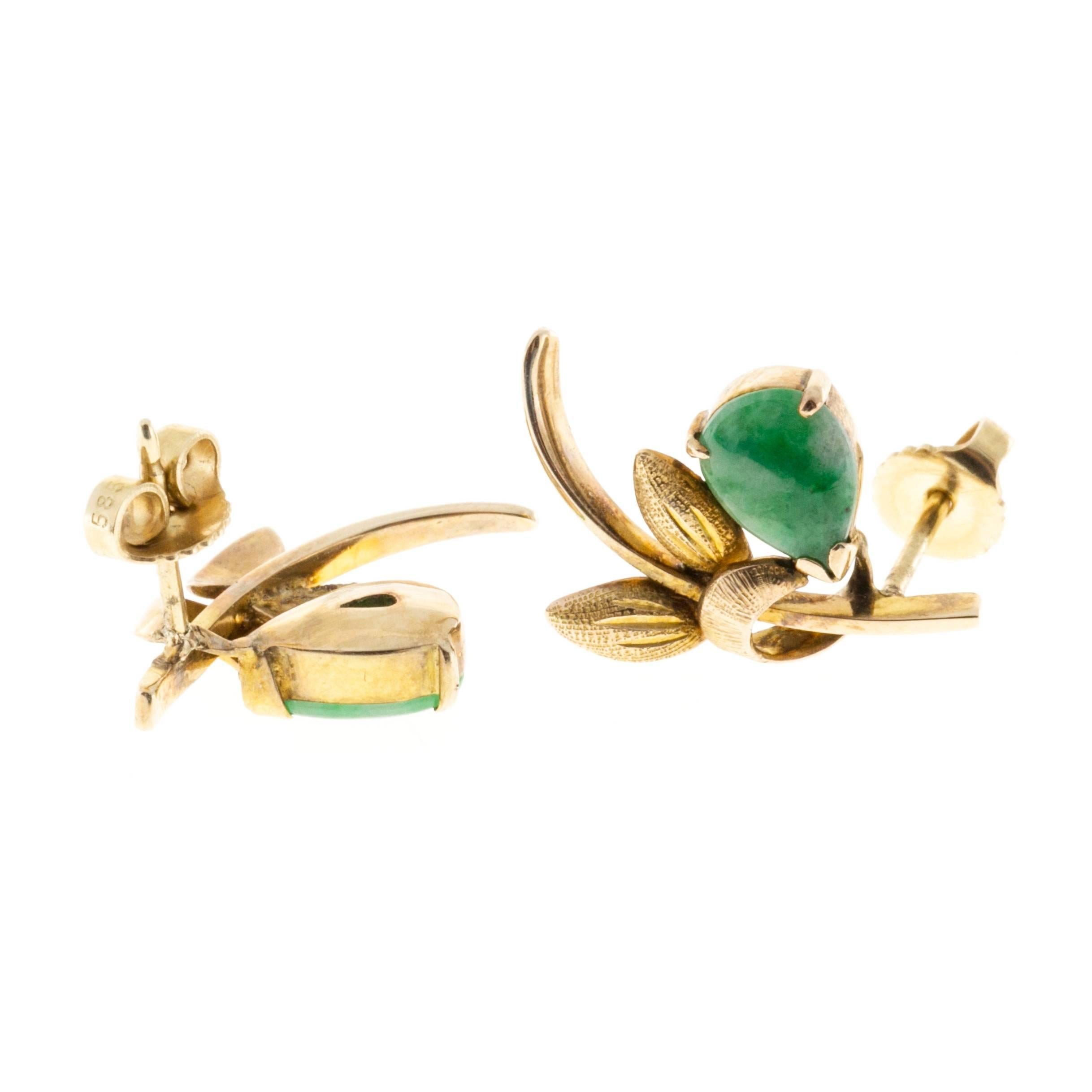 Pear Shaped Jadeite Jade Gold Flower Earrings 4