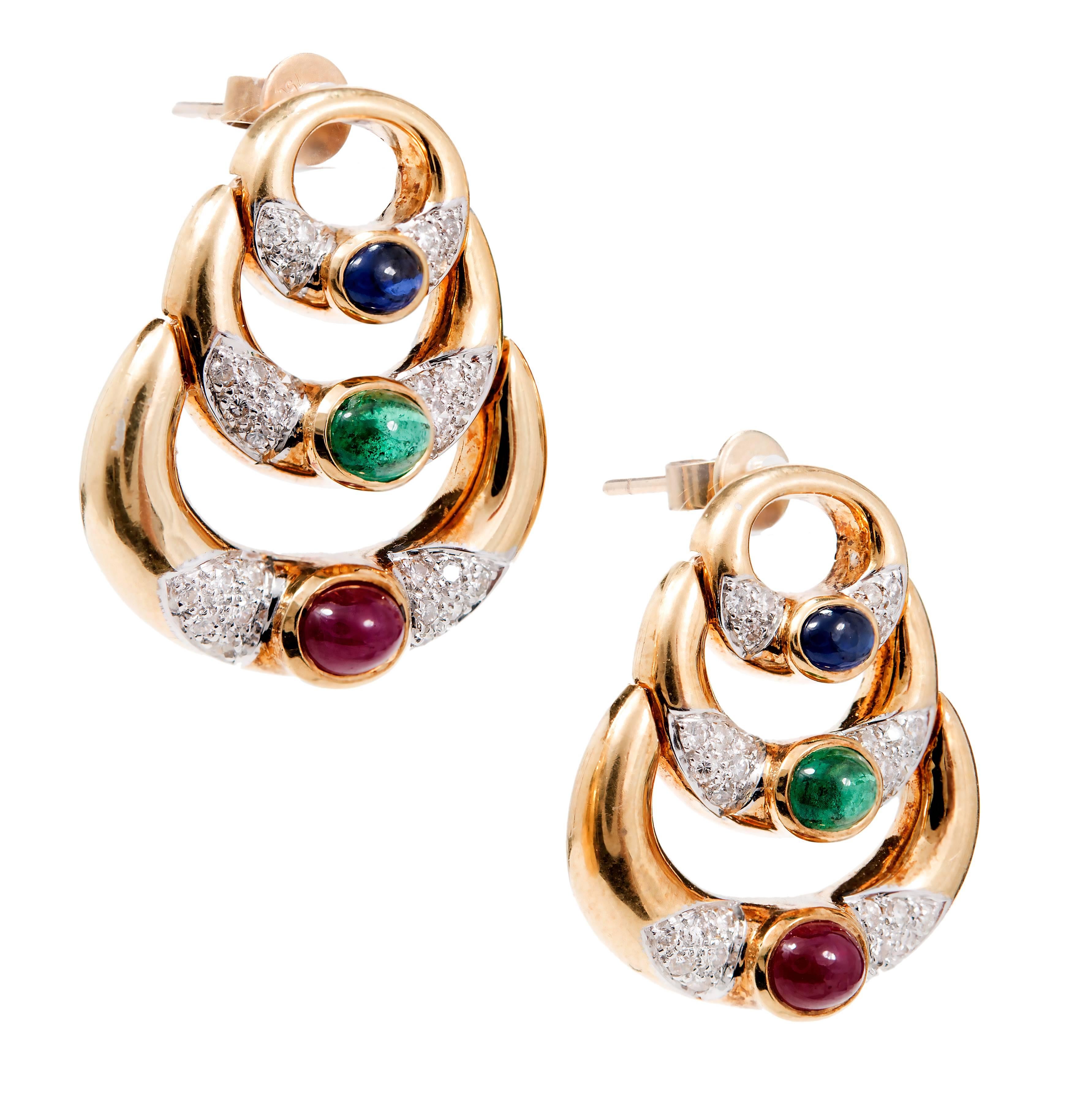 Cabochon Ruby Emerald Sapphire Diamond Gold Hinged Chandelier Crescent Earrings 1