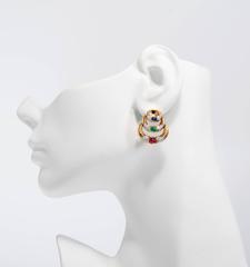 Cabochon Ruby Emerald Sapphire Diamond Gold Hinged Chandelier Crescent Earrings