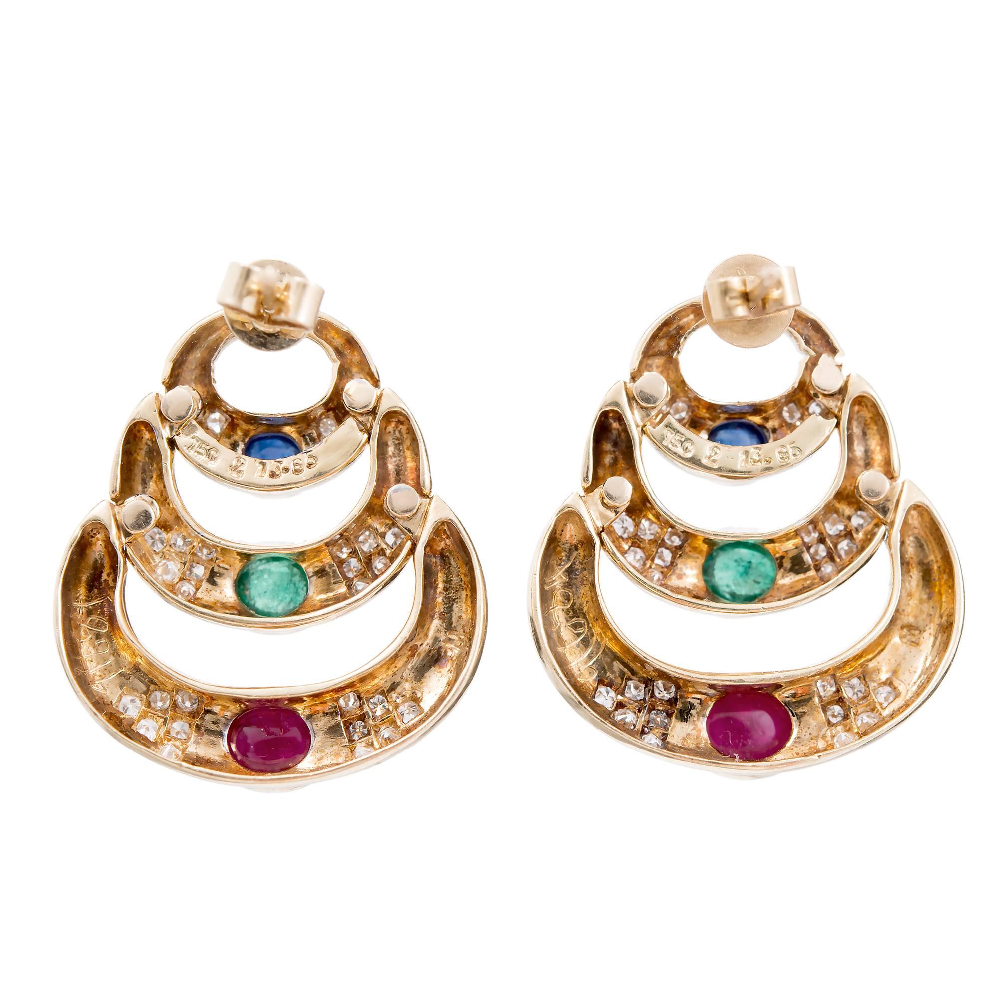 Women's Cabochon Ruby Emerald Sapphire Diamond Gold Hinged Chandelier Crescent Earrings