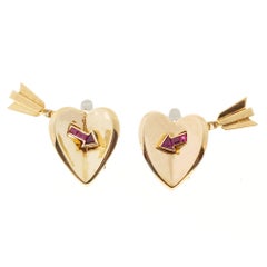 Red Ruby Arrow Gold Heart Earrings