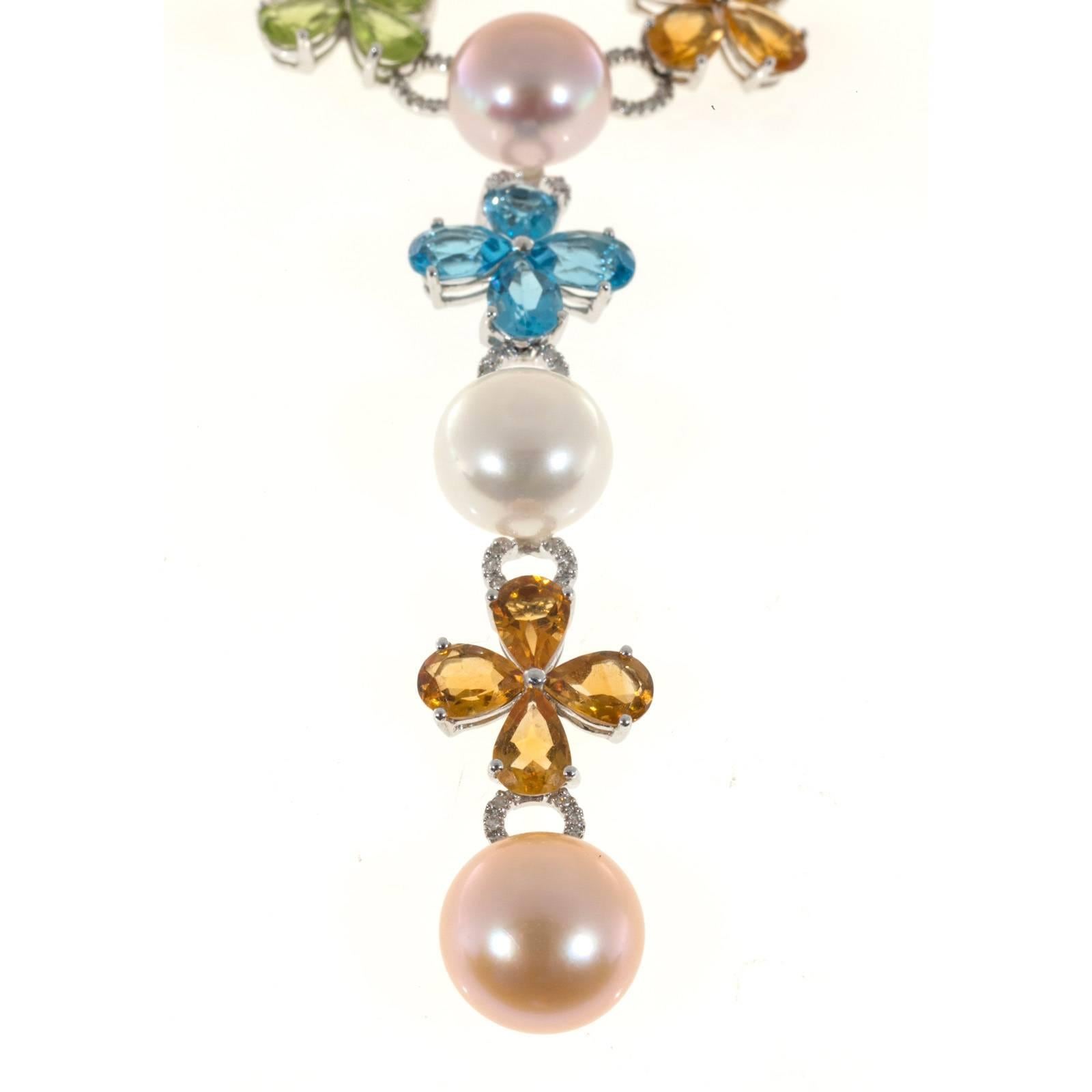 Men's Peridot Citrine Amethyst Topaz Pearl Diamond White Gold Necklace