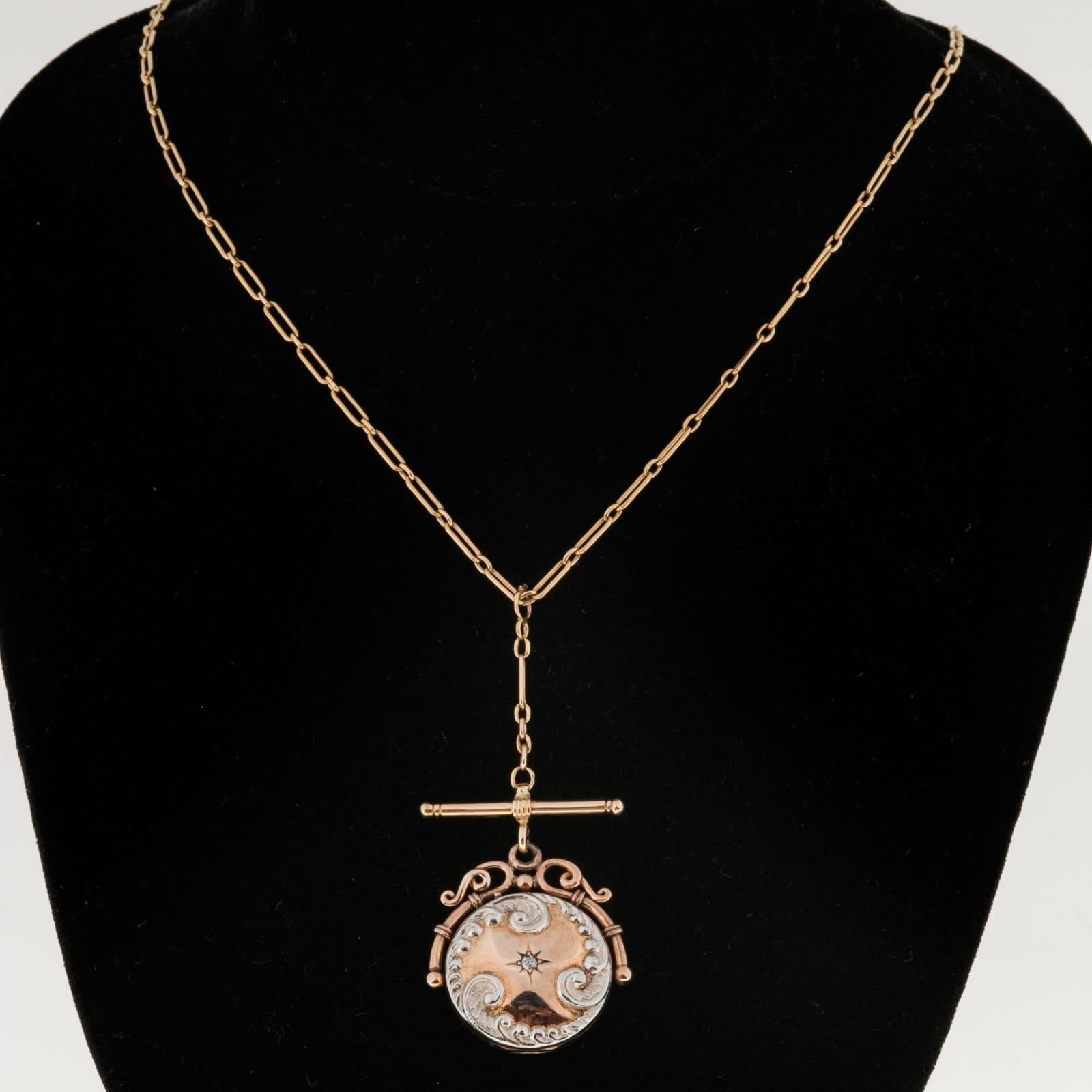 Diamond Rose Gold Platinum Locket Toggle Necklace  In Good Condition In Stamford, CT